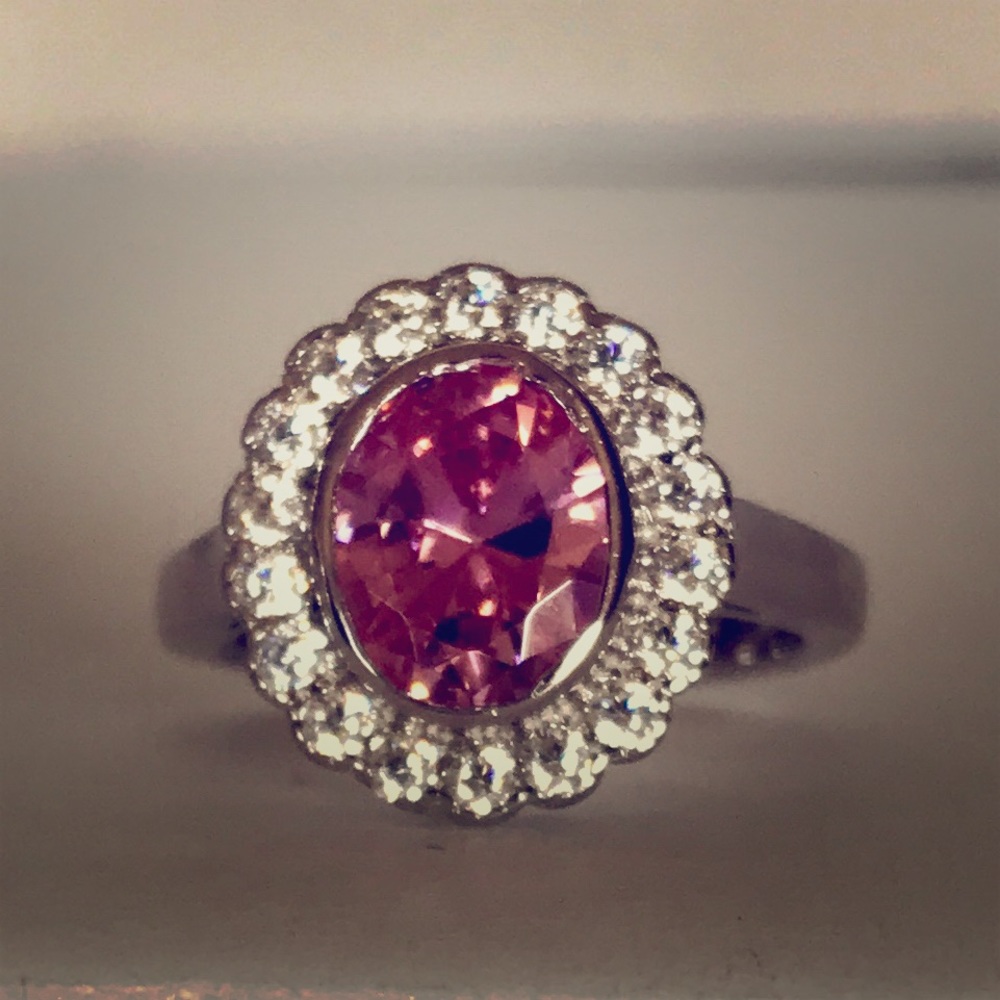 Pink stone with cz halo sz 6